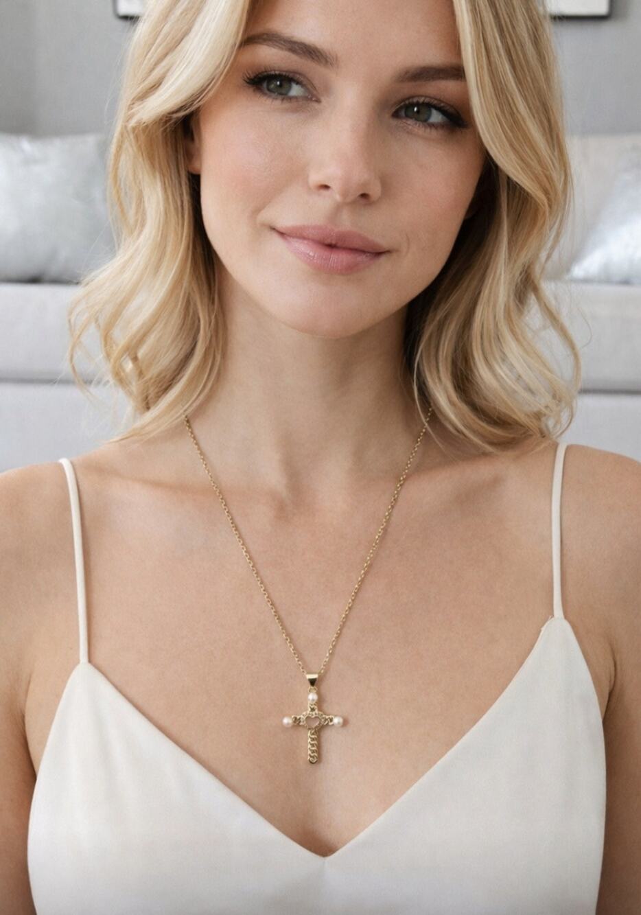 Stainless Steel Gold Pearl Heart Cross Necklace New